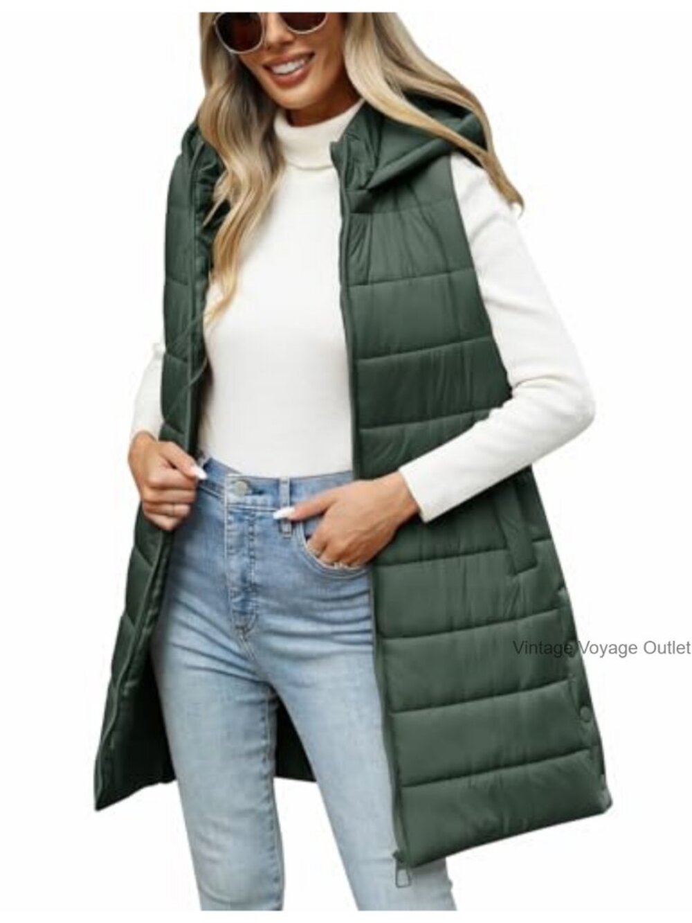Long Hooded Lightweight Puffer Vest Knee-Length Sleeveless Winter Down Coat